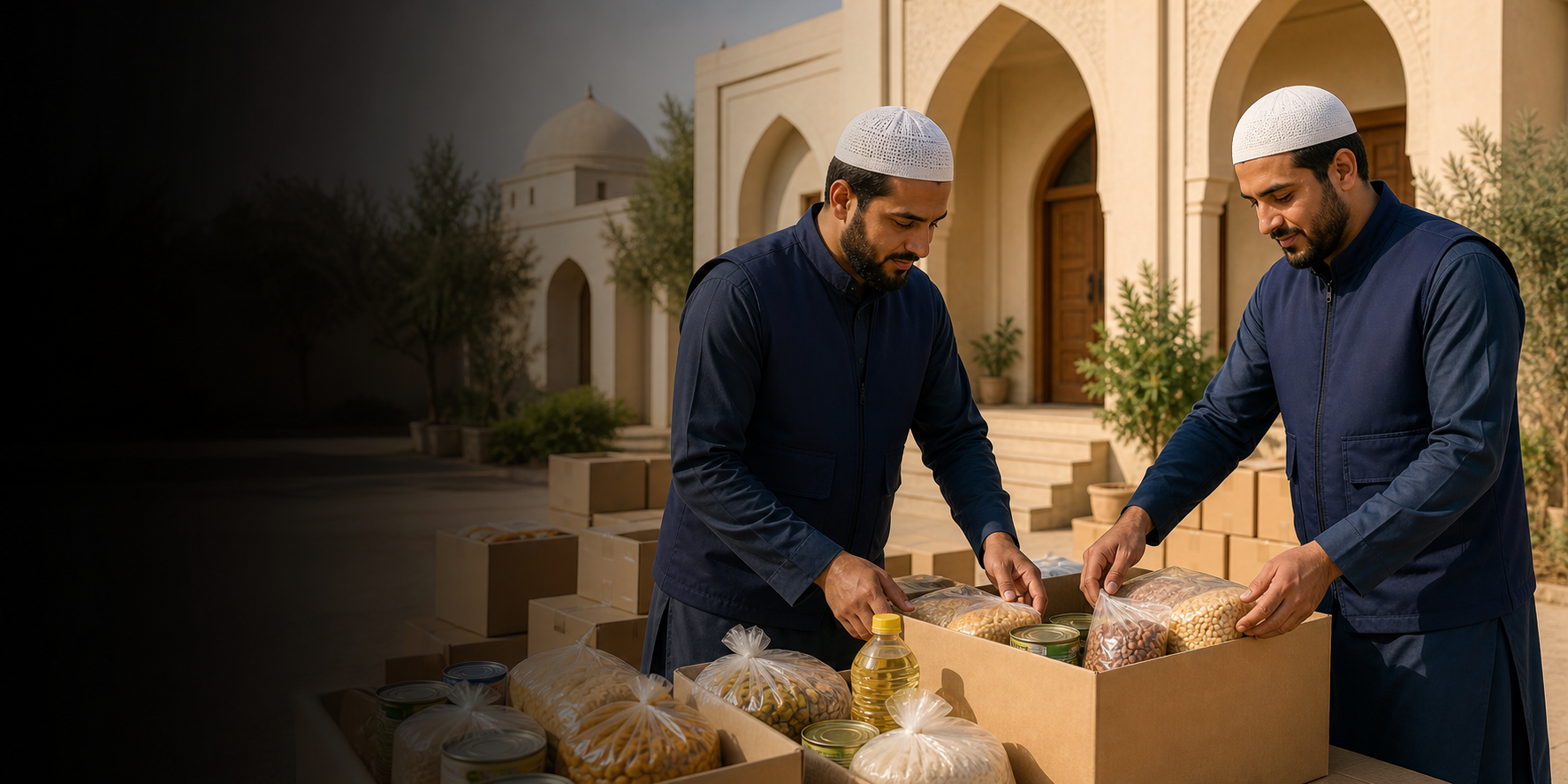 Volunteers preparing community food parcels outside an Islamic centre