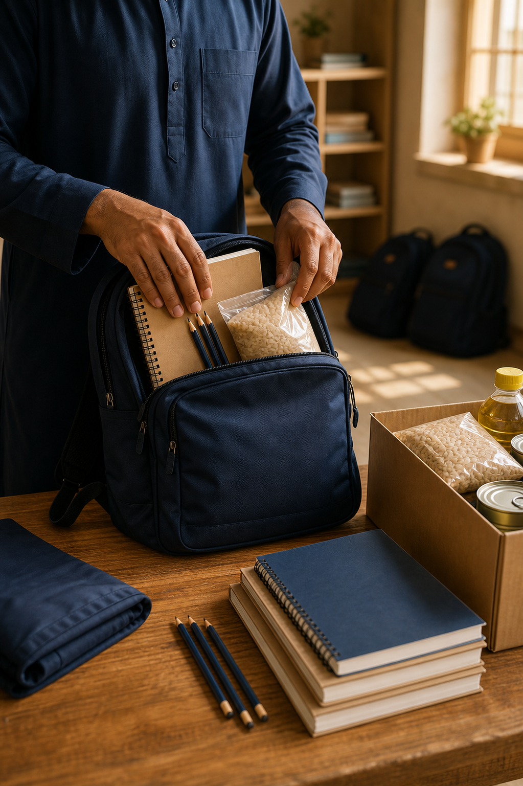 A volunteer preparing school supplies and food aid for a student