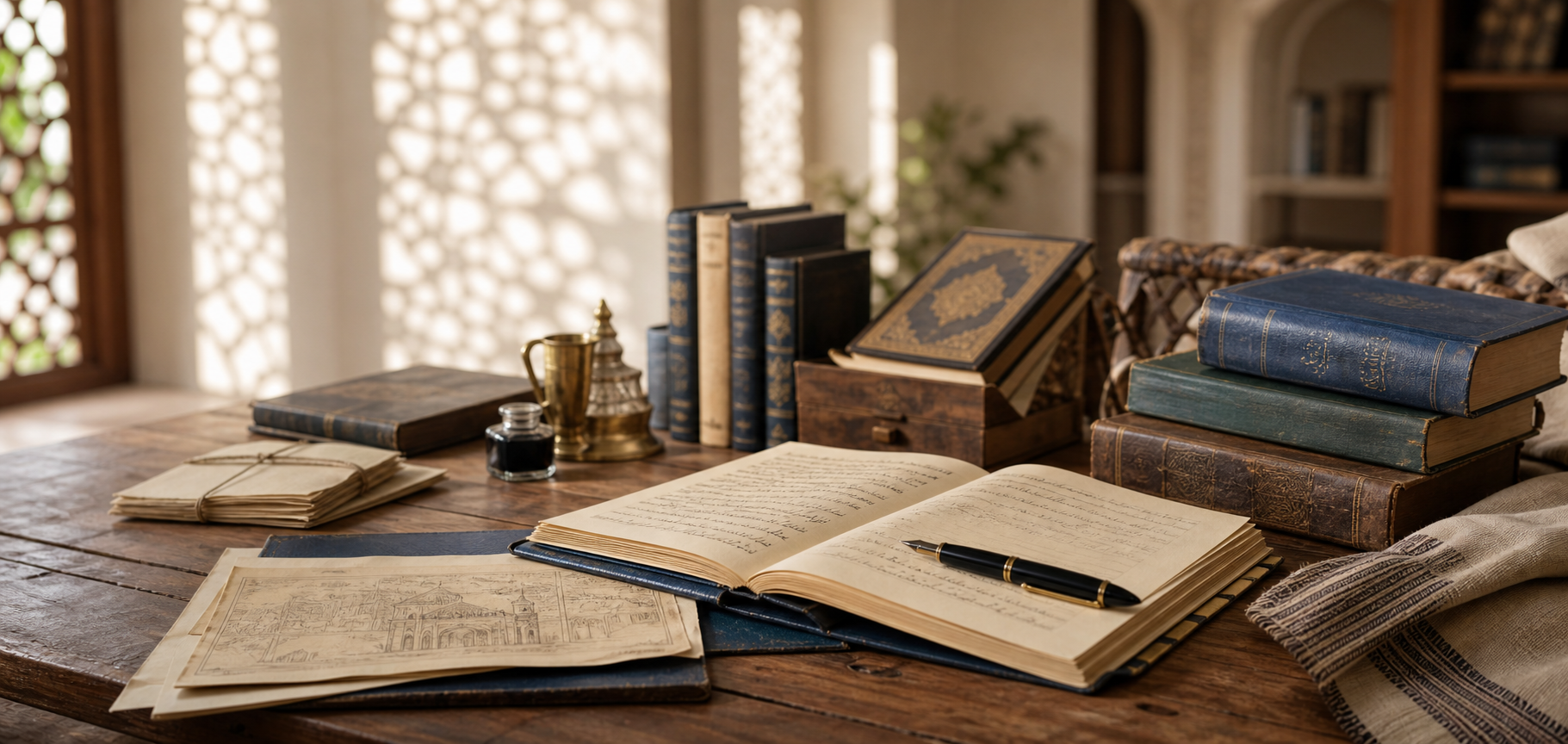 Books and writing materials in a sunlit study
