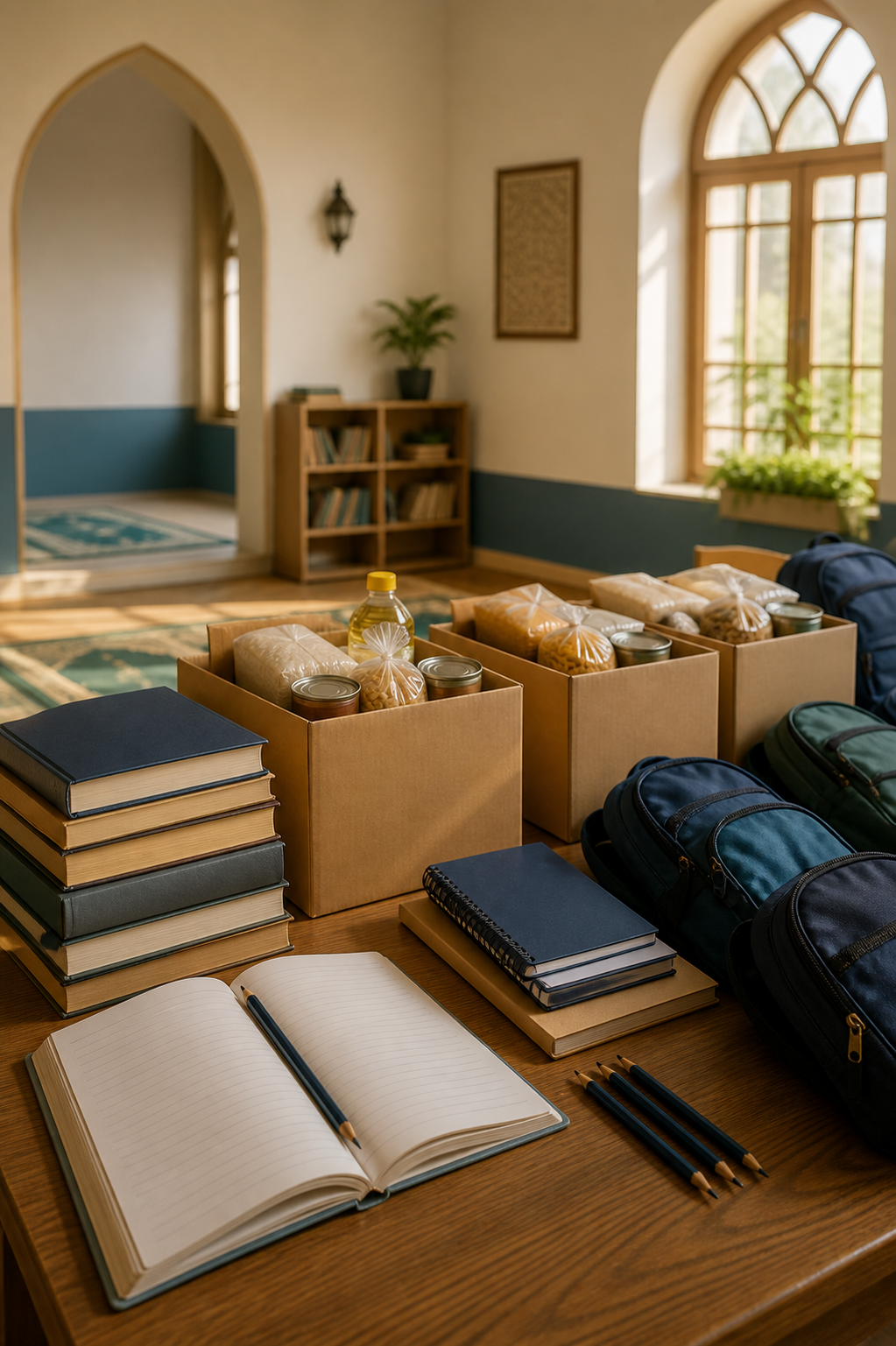 Study supplies and food parcels prepared in a community learning space